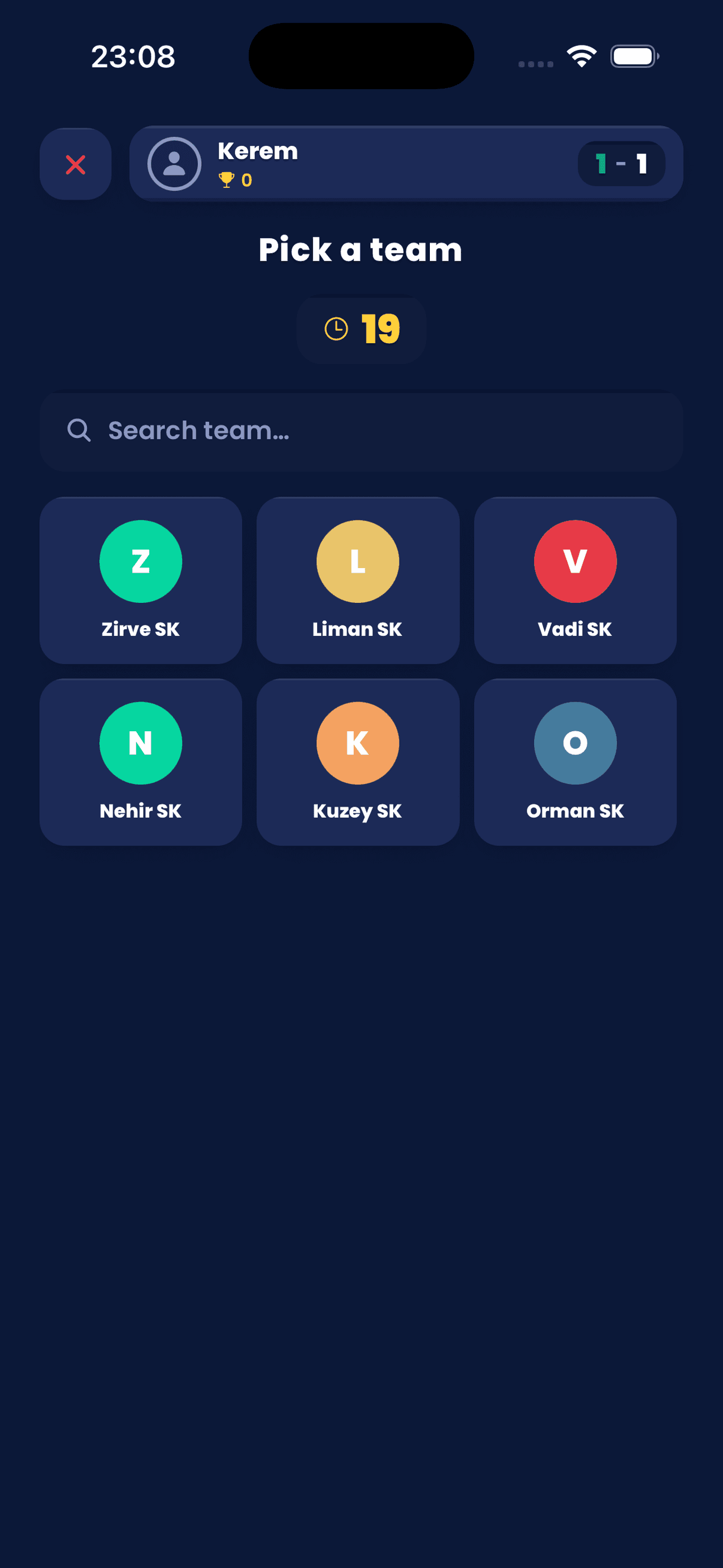 Pick a team screen with a search field and club tiles