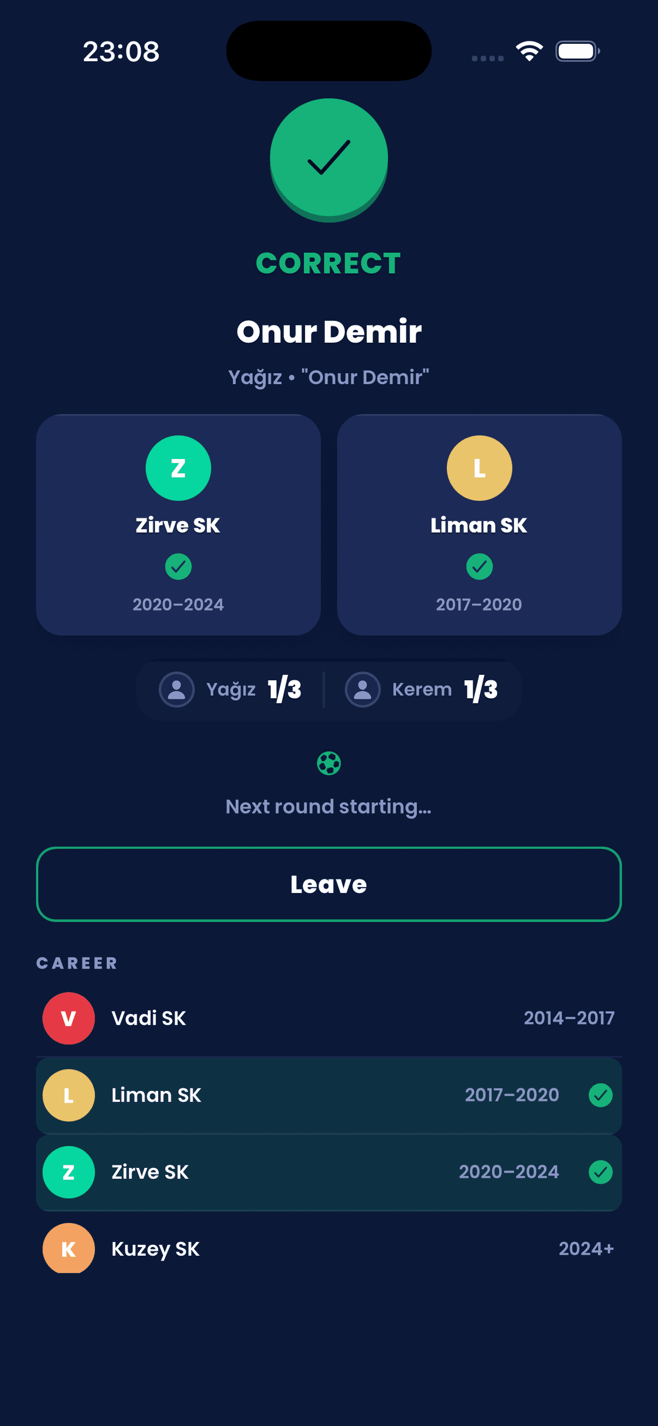 Result screen showing a correct answer and the player's career timeline
